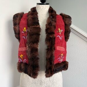 Vintage Fur Suede Leather Embroidered Red Afghan Waistcoat Vest Small Medium